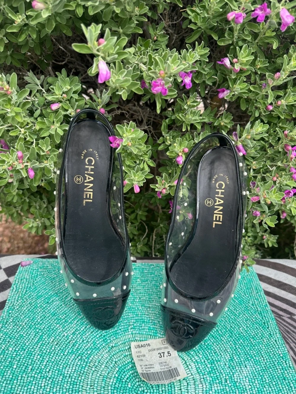 CHANEL PVC serial#GO2819 clear balerina flats 37 1/2 with Pearl Polka Studs-used